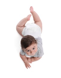 Photo of Cute little baby crawling on white background, above view
