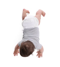 Photo of Cute little baby crawling on white background, above view
