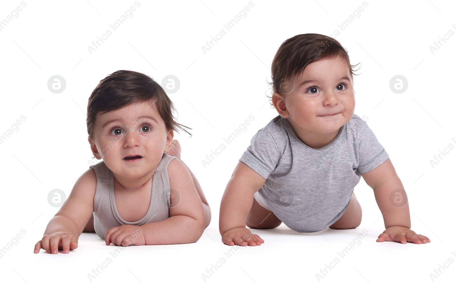 Cute little twin babies on white background Photo of Cute little twin babies on white background