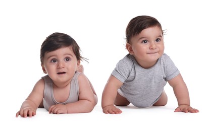 Photo of Cute little twin babies on white background