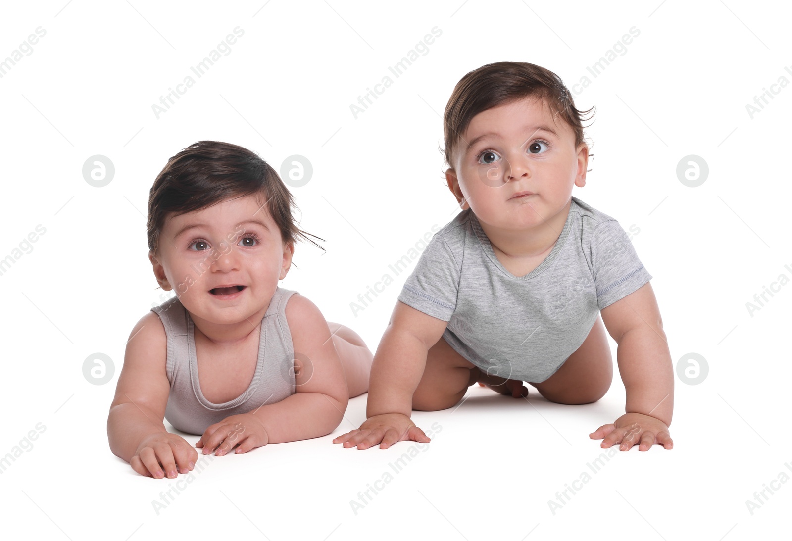 Cute little twin babies on white background Photo of Cute little twin babies on white background