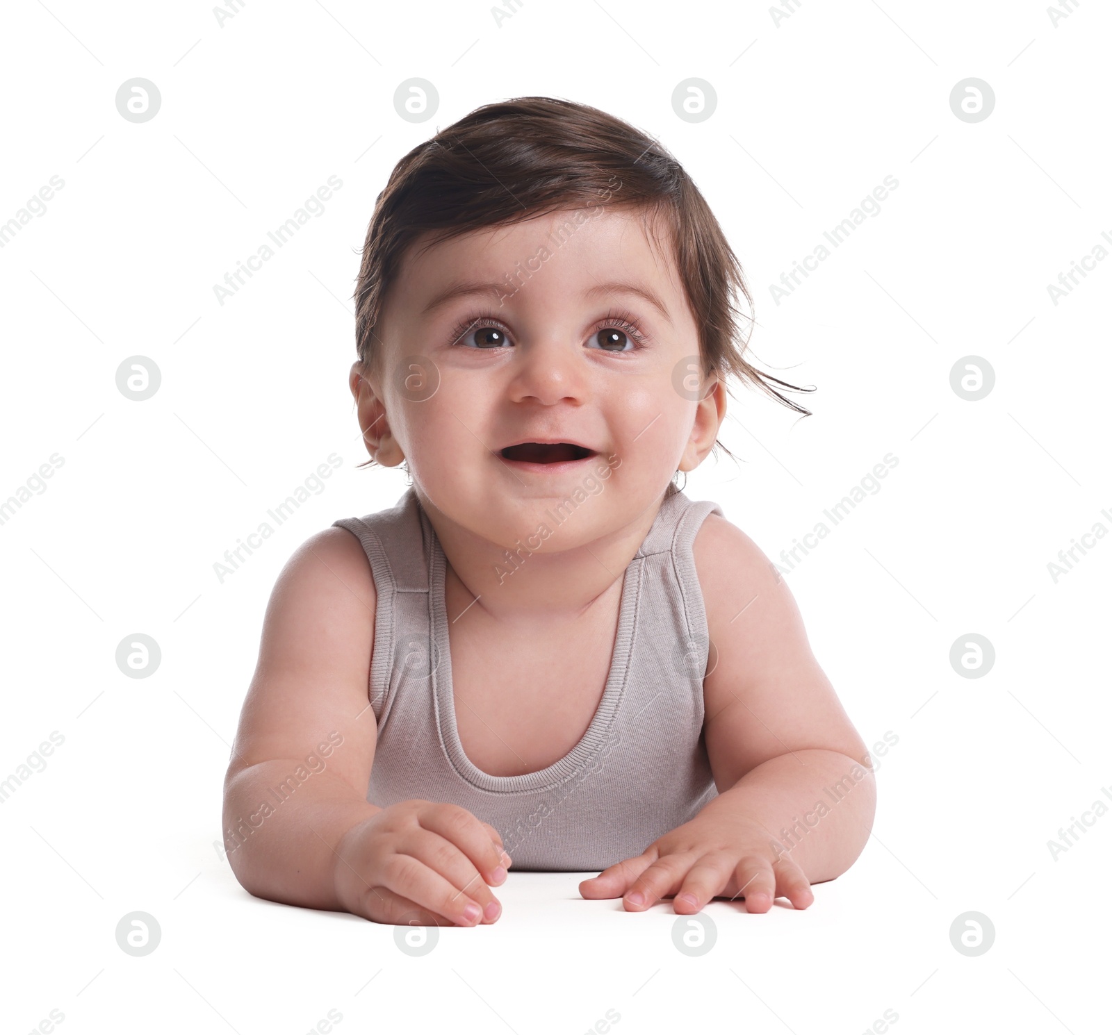Cute little baby crawling on white background Photo of Cute little baby crawling on white background