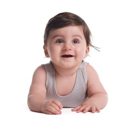 Photo of Cute little baby crawling on white background