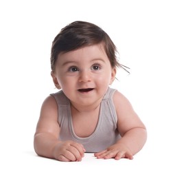 Photo of Cute little baby crawling on white background