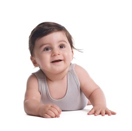 Photo of Cute little baby crawling on white background