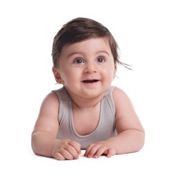 Photo of Cute little baby crawling on white background
