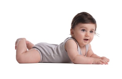 Photo of Cute little baby crawling on white background