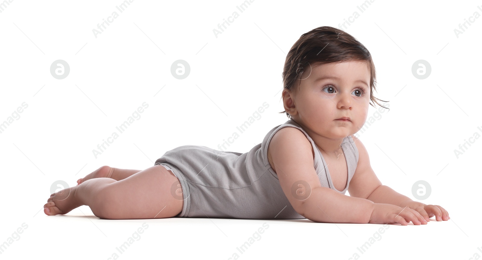 Cute little baby crawling on white background Photo of Cute little baby crawling on white background