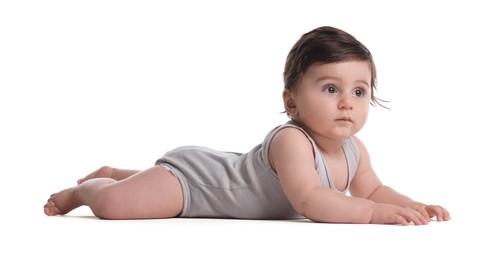 Photo of Cute little baby crawling on white background