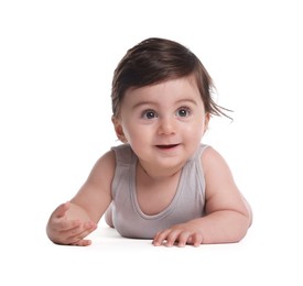 Photo of Cute little baby crawling on white background
