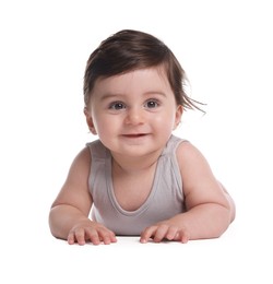 Photo of Cute little baby crawling on white background