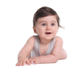 Photo of Cute little baby crawling on white background