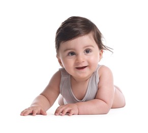 Photo of Cute little baby crawling on white background