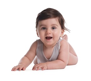 Photo of Cute little baby crawling on white background