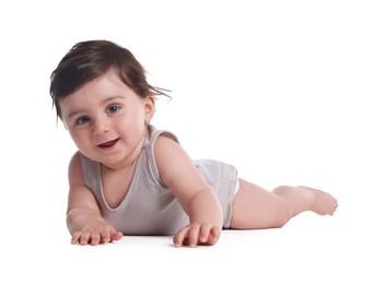 Photo of Cute little baby crawling on white background