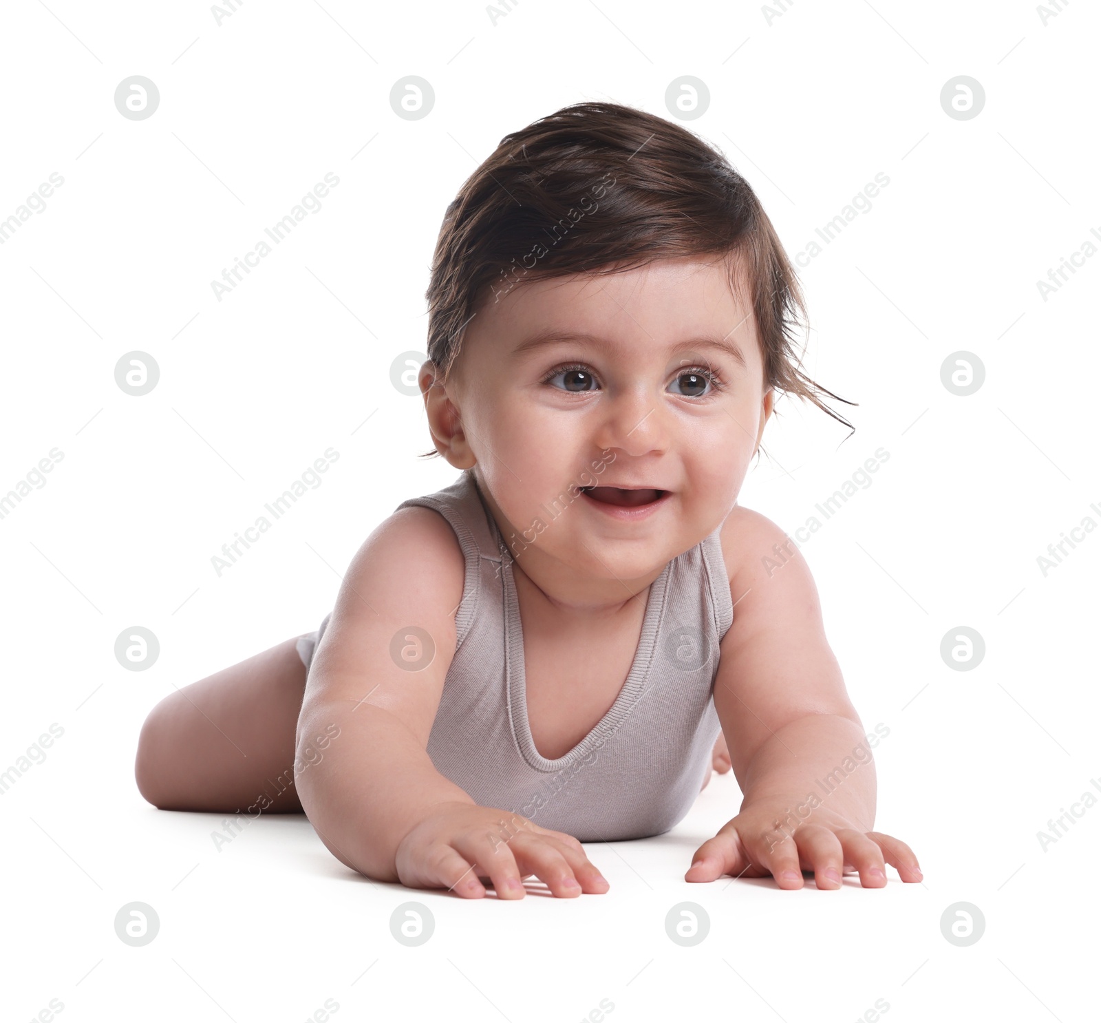 Cute little baby crawling on white background Photo of Cute little baby crawling on white background
