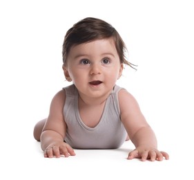 Photo of Cute little baby crawling on white background