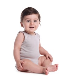 Photo of Cute little baby sitting on white background