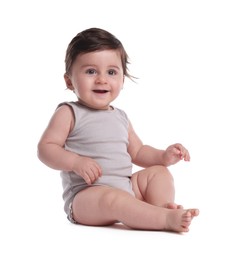 Photo of Cute little baby sitting on white background