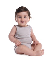 Photo of Cute little baby sitting on white background