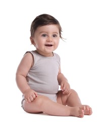 Photo of Cute little baby sitting on white background