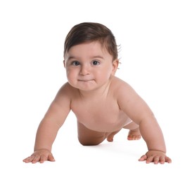 Photo of Cute little baby crawling on white background