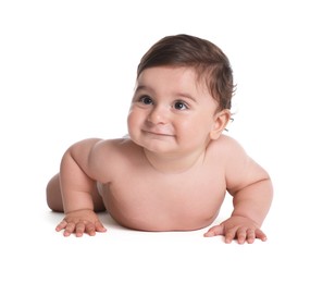 Photo of Cute little baby crawling on white background