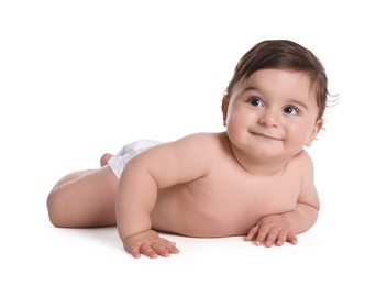 Photo of Cute little baby crawling on white background