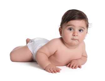Photo of Cute little baby crawling on white background