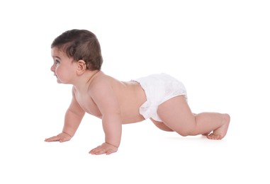 Photo of Cute little baby crawling on white background