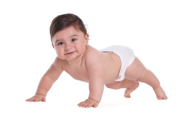 Photo of Cute little baby crawling on white background