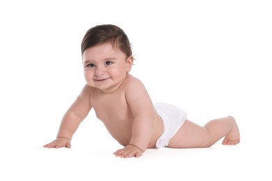 Photo of Cute little baby crawling on white background