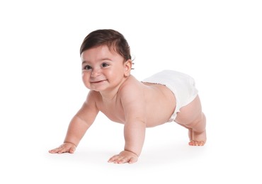 Photo of Cute little baby crawling on white background