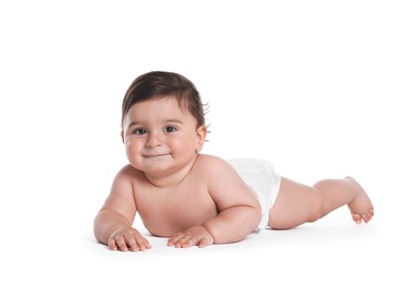Photo of Cute little baby crawling on white background