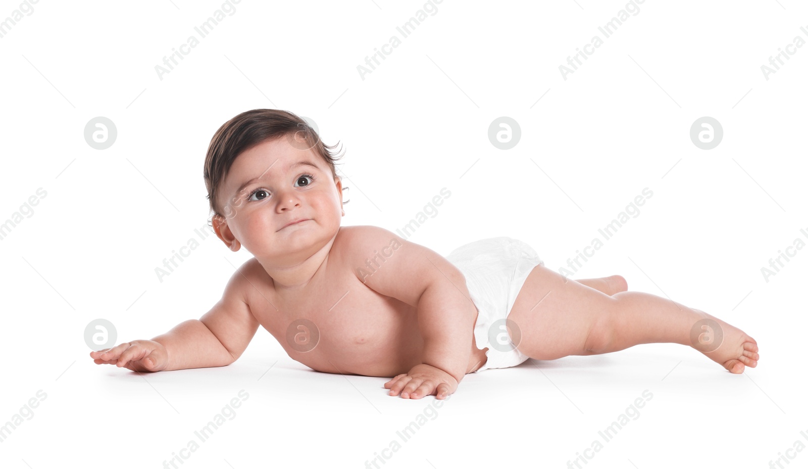 Cute little baby crawling on white background Photo of Cute little baby crawling on white background
