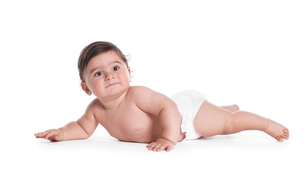 Photo of Cute little baby crawling on white background
