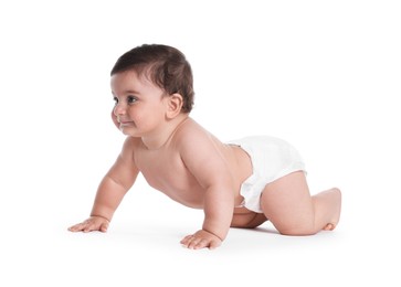 Photo of Cute little baby crawling on white background