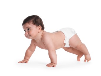 Photo of Cute little baby crawling on white background