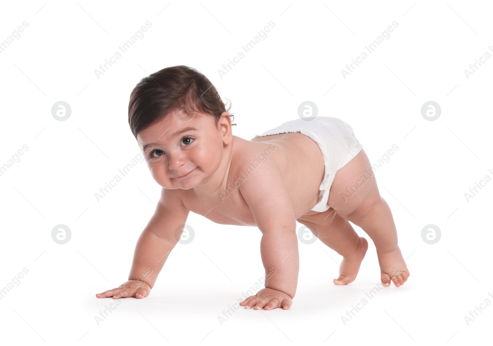 Photo of Cute little baby crawling on white background