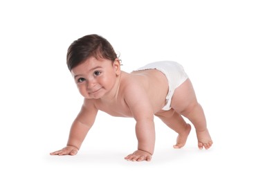 Photo of Cute little baby crawling on white background