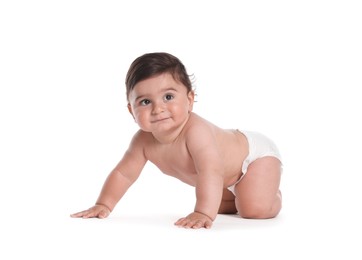 Photo of Cute little baby crawling on white background