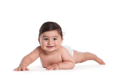 Photo of Cute little baby crawling on white background