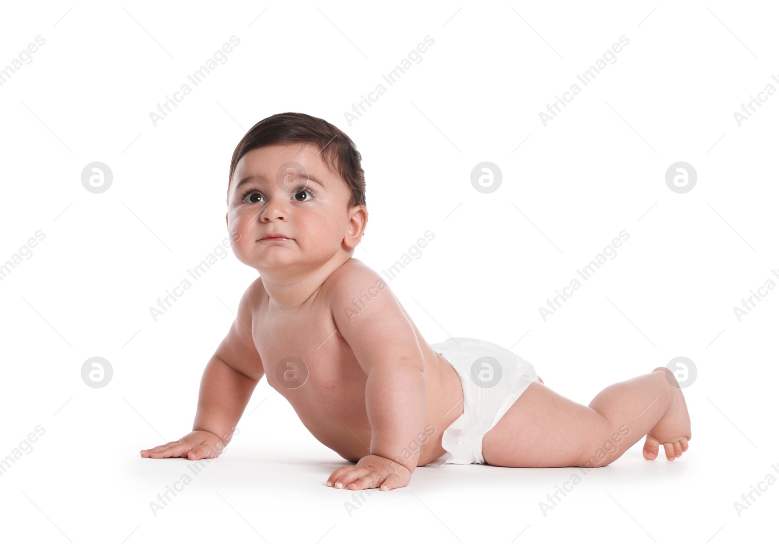 Photo of Cute little baby crawling on white background