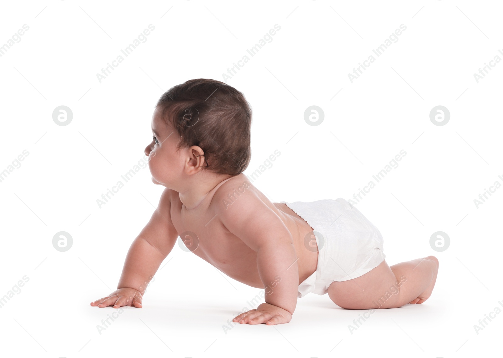 Cute little baby crawling on white background Photo of Cute little baby crawling on white background