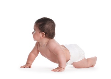 Photo of Cute little baby crawling on white background