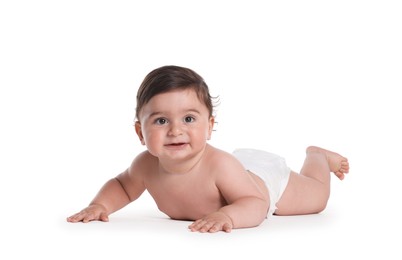 Photo of Cute little baby crawling on white background