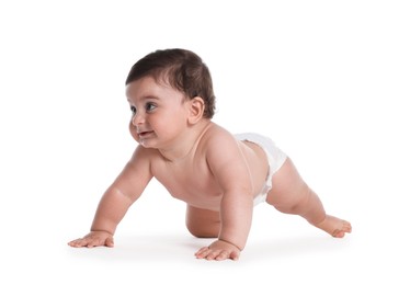 Photo of Cute little baby crawling on white background