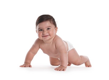Photo of Cute little baby crawling on white background