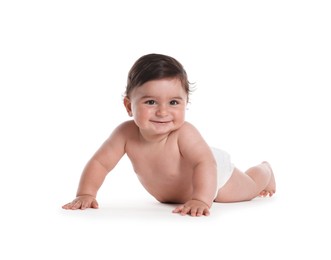 Photo of Cute little baby crawling on white background