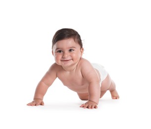 Photo of Cute little baby crawling on white background